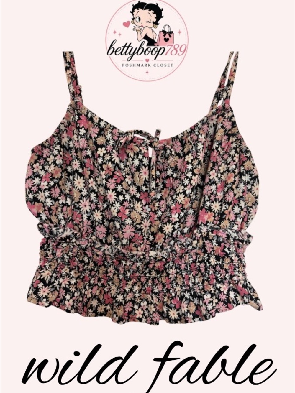wild fable Black Floral Cropped Cami Top - Pink & Cream Daisies